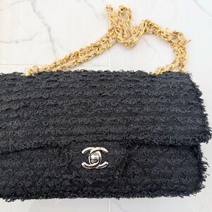 CHANEL Black Textured Shoulder Bag with Gold Chain
